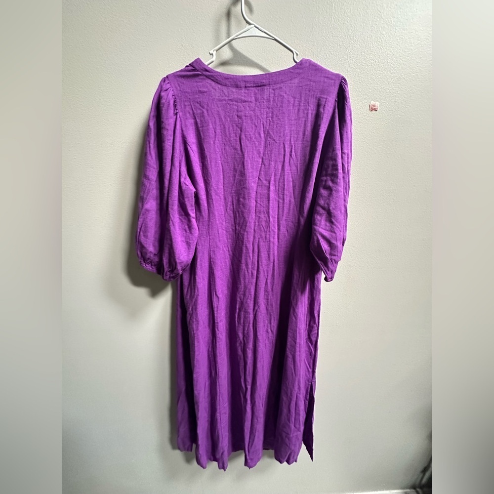 NEW‎ J.Jill Linen Blend Balloon Sleeve Button Front Purple Midi Dress Women’s LP - Picture 11 of 11